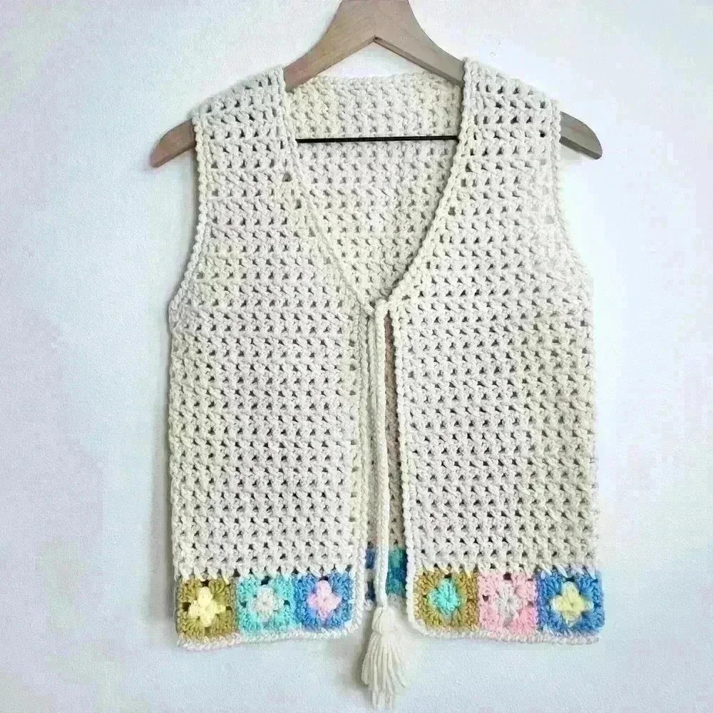 Crochet Cream and Multicolor Granny Square Tie Front with Tassle Wool Boho Vest